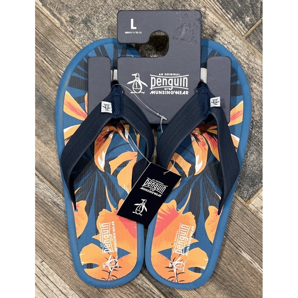 New Original Penguin Blue Orange Tropical Floral Mens Flip Flops Sandals L 11-12